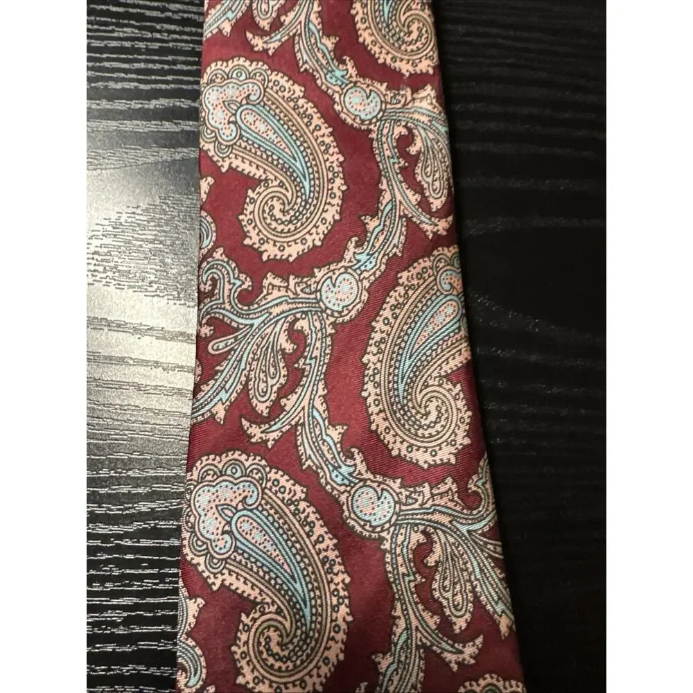 CUSTOM MADE IN ITALY 100% SILK TIE MAROON, TEAL, AND GOLD